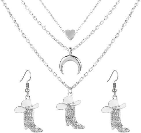 coadipress 2 Pcs Cowlady Earrings Necklaces Jewelry Set for Women Sparkly Rhinestone Western Boot and Hat Earrings Cowlady Boots Moon Star Necklace Chic Enamel Hat Boot Charm Western Jewelry in Saudi Arabia