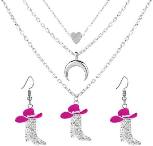 coadipress 2 Pcs Cowlady Earrings Necklaces Jewelry Set for Women Sparkly Rhinestone Western Boot and Hat Earrings Cowlady Boots Moon Star Necklace Chic Enamel Hat Boot Charm Western Jewelry in Saudi Arabia