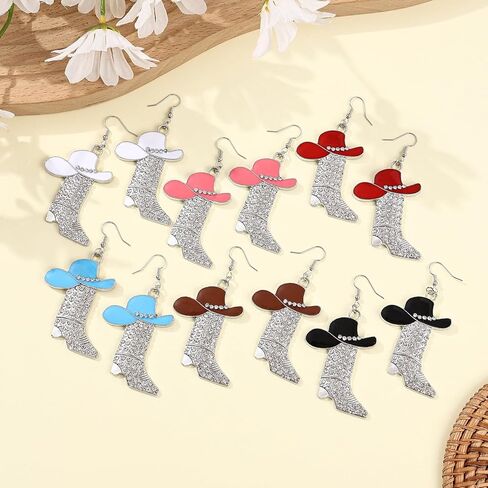 coadipress 2 Pcs Cowlady Earrings Necklaces Jewelry Set for Women Sparkly Rhinestone Western Boot and Hat Earrings Cowlady Boots Moon Star Necklace Chic Enamel Hat Boot Charm Western Jewelry in Saudi Arabia