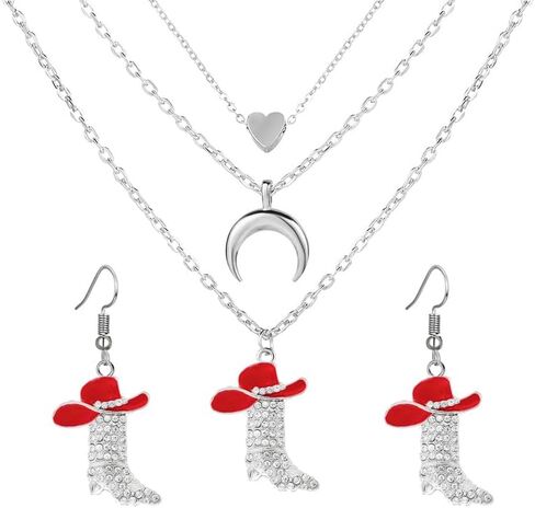coadipress 2 Pcs Cowlady Earrings Necklaces Jewelry Set for Women Sparkly Rhinestone Western Boot and Hat Earrings Cowlady Boots Moon Star Necklace Chic Enamel Hat Boot Charm Western Jewelry in Saudi Arabia