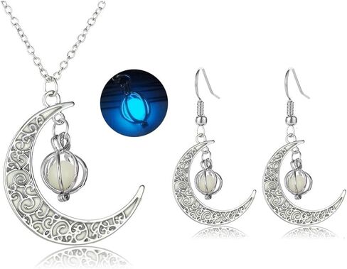 Crescent Moon Necklace Earrings Set for Women Luminous Crescent Moon Dangle Earrings Silver Halloween Pumpkin Pendant Necklace Glow in The Dark Jewelry in Saudi Arabia
