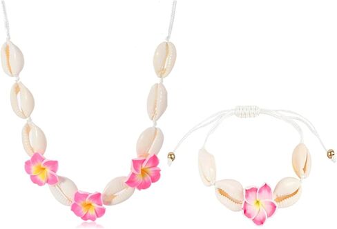 2pcs Hawaiian Shell Plumeria Rubra Necklace Bracelets Handmade Boho Natural Seashell Beaded Cowrie Tropical Frangipani Flower Braided Jewelry Set for Women Summer Beach Party Vacation Jewelry Outfits in Saudi Arabia
