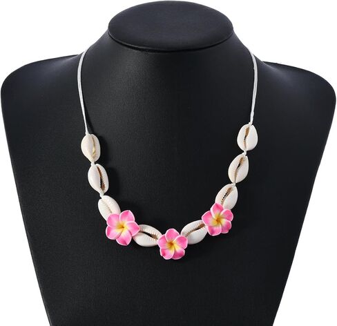 2pcs Hawaiian Shell Plumeria Rubra Necklace Bracelets Handmade Boho Natural Seashell Beaded Cowrie Tropical Frangipani Flower Braided Jewelry Set for Women Summer Beach Party Vacation Jewelry Outfits in Saudi Arabia