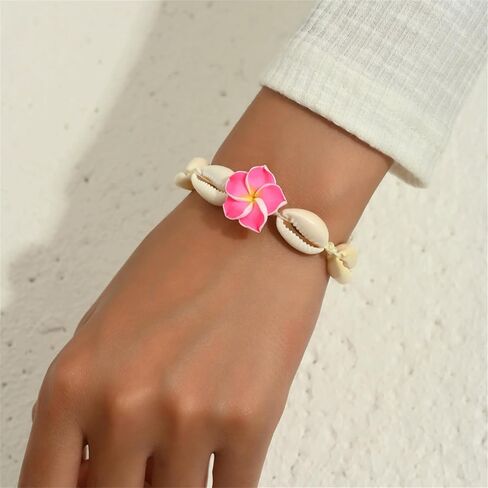 2pcs Hawaiian Shell Plumeria Rubra Necklace Bracelets Handmade Boho Natural Seashell Beaded Cowrie Tropical Frangipani Flower Braided Jewelry Set for Women Summer Beach Party Vacation Jewelry Outfits in Saudi Arabia