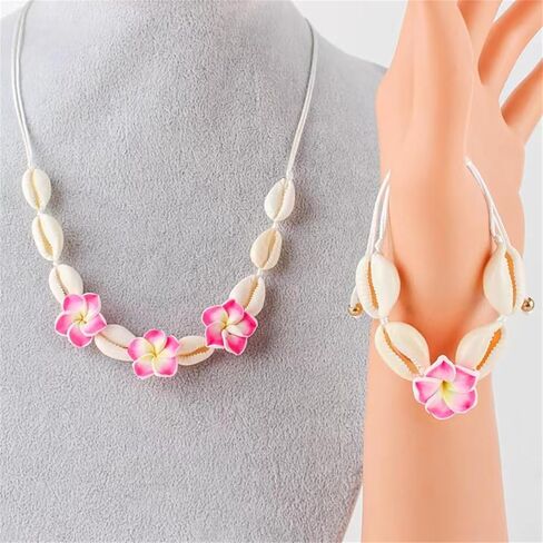 2pcs Hawaiian Shell Plumeria Rubra Necklace Bracelets Handmade Boho Natural Seashell Beaded Cowrie Tropical Frangipani Flower Braided Jewelry Set for Women Summer Beach Party Vacation Jewelry Outfits in Saudi Arabia