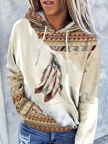 Women's Boho Feather Print Casual Outing Going Hoodie in Saudi Arabia
