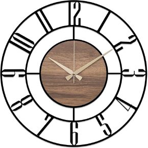 Metal Large Wall Clock, Black Metal with Wood Non Ticking, Silent Battery Operated Clocks for Home Living Room Farmhouse Kitchen Office Dining Room, Modern Round Wall Clock Decor, Housewarming Gift in Saudi Arabia