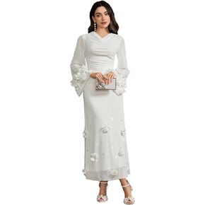 GZXHXLIFU Women's Long Sleeve Floral Maxi Dress Fashion Bodycon Mesh Wedding v-Neck Pleated Guest Cocktail Dress in Saudi Arabia