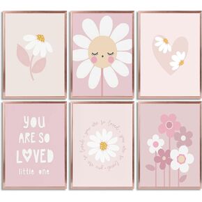 6 قطع من ملصقات الزهور الوردية للفتيات من القماش الكتاني لغرف الأطفال وزهرة الأقحوان البرية ومطبوعات لوحات بوهو لغرفة الأطفال وديكور الحائط للفتيات وغرفة المعيشة وغرفة النوم وتزيين المنزل بدون إطار in Kuwait