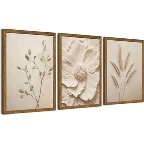 JLTULT 3 Piece Framed Neutral Beige Floral Canvas Wall Art, Modern Simple Texture Blossom Wall Decor, Vintage Botanical Flower Art Prints for Living Room Bedroom Farmhouse 12x16 inch Ready to Hang in Saudi Arabia