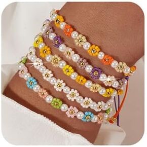 Ustome Colorful Daisy Flower 5Pcs Stack Gold Seed Bead Bracelets Set for Women, Boho Cute Floral Lucky Rope Freshwater Pearl Adjustable String Jewelry, Spring Summer Wedding Friendship Gift in Saudi Arabia