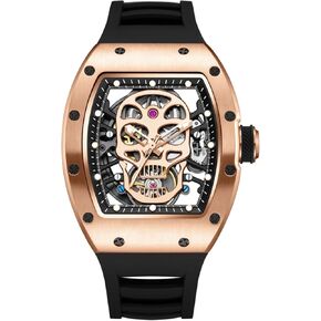 Free Focus Unique Men Watches,Automatic Mechanical Watch,Luxury Skeleton Tonneau Watches for Men with Stainless Steel Case and Black Silicon Band (Rubies Movement/5ATM Waterproof/Super_Luminous) in Saudi Arabia