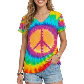 Women Hippie Shirt 60s 70s Peace Love Graphic Tie Dye V-Neck Tshirt Vintage Hippie Style Tee Tops in Saudi Arabia