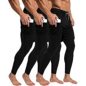 3 PCS Men's 2 in 1 Pantic Running Pants Quick Dry Prade Compression Pants with Gokets Tafel Loop in Kuwait