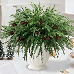 JDKPK 12 Pcs Artificial Norfolk Pine Branches with Pine Cones, 18" Real Touch Faux Greenery Cedar Pine Stem, Fake Green Plants Twigs Picks for Vase DIY Crafts Xmas Garland Wreath Home Decor in Saudi Arabia