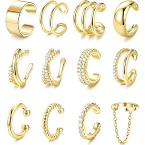 LOLIAS 12Pcs Ear Cuffs Non Piercing - 14K Gold Plated Ear Cuff Earrings for Women Adjustable Earring Cuffs for Non Pierced Ears Clip on Cartilage Earring Fake Earrings Set in Saudi Arabia