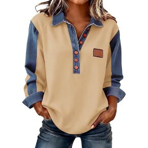 Long Sleeve Shirts for Women Button Up Denim Collared Patchwork Pullover Tops Vintage Jean Sweatshirt Casual Blouses in Saudi Arabia