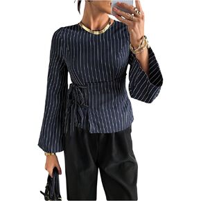 SHENHE Women's Dressy Casual Wrap Blouse Side Tie Bell Long Sleeve Business Striped Shirt Top in Kuwait