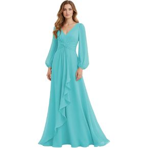 WENKAFO Chiffon Ruffled Bridesmaid Dresses for Women Long Sleeve Pleated Formal Gowns A-Line Evening Dress in Kuwait