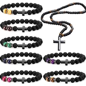 Elepadaki 8Pcs Bracelet Beads Men Necklace Cross, 8mm Semi-Precious Gemstones Cross Beaded Bracelets Tungsten steel Necklace Set for Men Women Necklace Bracelets Jewelry Set Gift in Saudi Arabia