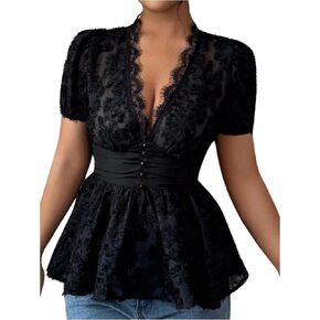 SweatyRocks Women's Short Sleeve Deep V Neck Sheer Lace Button Ruched Ruffle Peplum Shirt Top Blouse in Saudi Arabia