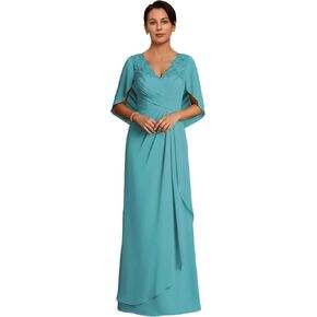 فساتين أم العروس بأكمام كيب شيفون ورقبة على شكل V وأربطة مزينة بفساتين السهرة الرسمية in Kuwait