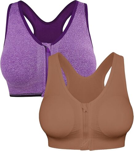 Fapreit Women's Zip Front Closure Sports Bra - Seamless Wirefree Post Surgery Padded Racerback Workout Gym Yoga Bras in Kuwait