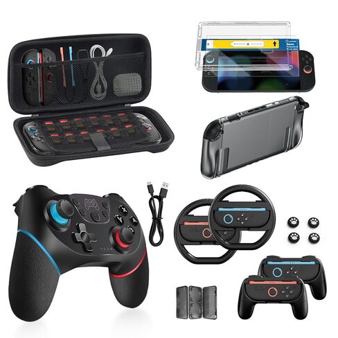 Switch 2 Accessories Bundle for Nintendo, 16 in 1 Game Kit: Carrying Case, Two Screen Protector with Alignment Frame, Steering Wheel for Mario Kart, Grip for joycon Controller Console Protective Cover in Kuwait