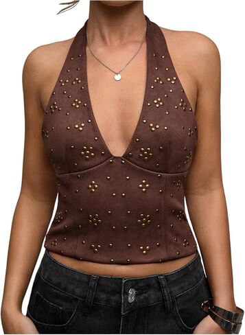 Floerns Women's Rivet Deep V Neck Halter Top Y2k Lace Up Backless Country Concert Tank Tops in Saudi Arabia