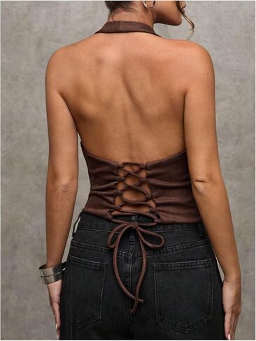 Floerns Women's Rivet Deep V Neck Halter Top Y2k Lace Up Backless Country Concert Tank Tops in Saudi Arabia