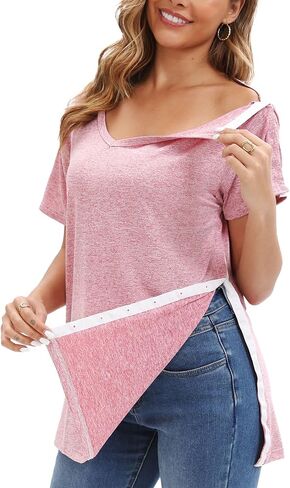 Post Shoulder Surgery Shirts for Women Tear Away V Neck Dual Access Snap Chemo Port Shirts Short Sleeve Adaptive Clothing in Saudi Arabia