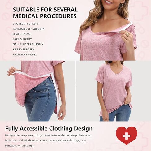 Post Shoulder Surgery Shirts for Women Tear Away V Neck Dual Access Snap Chemo Port Shirts Short Sleeve Adaptive Clothing in Saudi Arabia