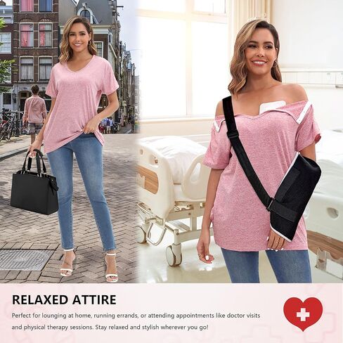 Post Shoulder Surgery Shirts for Women Tear Away V Neck Dual Access Snap Chemo Port Shirts Short Sleeve Adaptive Clothing in Saudi Arabia