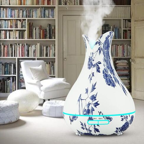 Oriental Blue-and-White Floral Pattern Grain Aroma Diffuser (400 ml) Ultrasonic Cool Mist Humidifier, U-MATE, Essential Oils Aromatherapy, 7 Colors LED Light, for Office Home Study Yoga Spa in Saudi Arabia