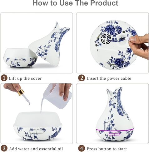 Oriental Blue-and-White Floral Pattern Grain Aroma Diffuser (400 ml) Ultrasonic Cool Mist Humidifier, U-MATE, Essential Oils Aromatherapy, 7 Colors LED Light, for Office Home Study Yoga Spa in Saudi Arabia