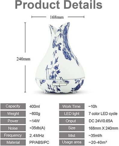 Oriental Blue-and-White Floral Pattern Grain Aroma Diffuser (400 ml) Ultrasonic Cool Mist Humidifier, U-MATE, Essential Oils Aromatherapy, 7 Colors LED Light, for Office Home Study Yoga Spa in Saudi Arabia