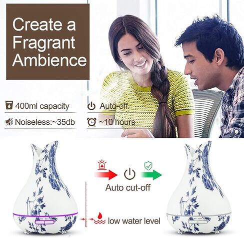 Oriental Blue-and-White Floral Pattern Grain Aroma Diffuser (400 ml) Ultrasonic Cool Mist Humidifier, U-MATE, Essential Oils Aromatherapy, 7 Colors LED Light, for Office Home Study Yoga Spa in Saudi Arabia