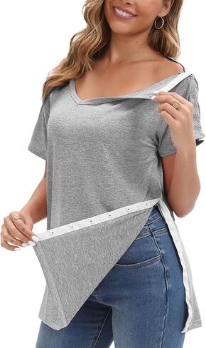 Post Shoulder Surgery Shirts for Women Tear Away V Neck Dual Access Snap Chemo Port Shirts Short Sleeve Adaptive Clothing in Saudi Arabia