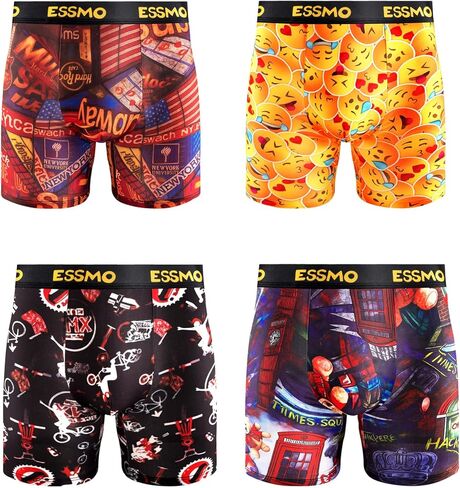 Mens Long Leg Smile Face Print Boxer Briefs 4-Pack Lightweight Breathable Stretch Running Underwear Men in Saudi Arabia
