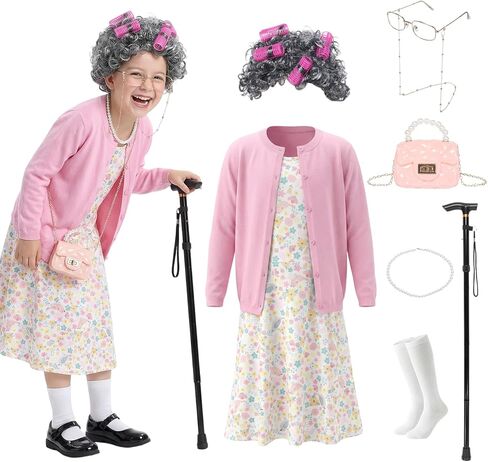 Harsever 100 Days of School Old Lady Costume for Kids 11 PCS Grandma Granny Costume Old Lady Accessories Outfit for Girls in Saudi Arabia