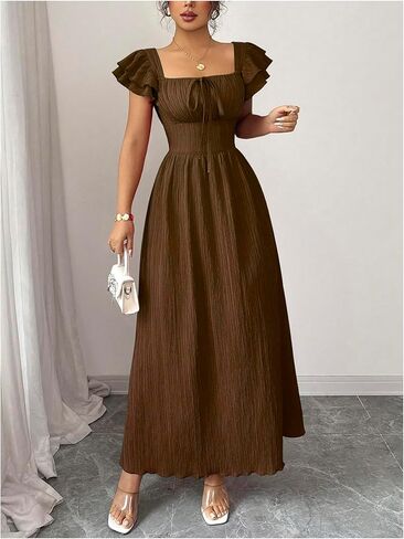 Floerns Women's Layered Cap Sleeve Summer Maxi Dress Square Neck Tie Front Beach Dresses in Kuwait