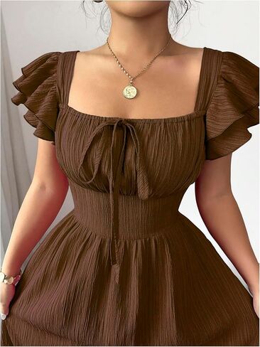 Floerns Women's Layered Cap Sleeve Summer Maxi Dress Square Neck Tie Front Beach Dresses in Kuwait