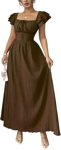 Floerns Women's Layered Cap Sleeve Summer Maxi Dress Square Neck Tie Front Beach Dresses in Kuwait