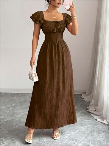 Floerns Women's Layered Cap Sleeve Summer Maxi Dress Square Neck Tie Front Beach Dresses in Kuwait