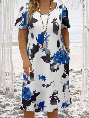 Womens Round Neck Short Sleeve Plus Size Floral Print Summer Loose Casual Midi Dress in Saudi Arabia