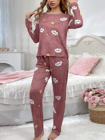 Pajama Set for Women, 2-Piece Cute Printed Long Sleeve with Pants, Comfortable Stylish Loungewear Set for Relaxation Sleep in Saudi Arabia