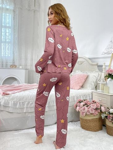 Pajama Set for Women, 2-Piece Cute Printed Long Sleeve with Pants, Comfortable Stylish Loungewear Set for Relaxation Sleep in Saudi Arabia