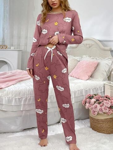 Pajama Set for Women, 2-Piece Cute Printed Long Sleeve with Pants, Comfortable Stylish Loungewear Set for Relaxation Sleep in Saudi Arabia