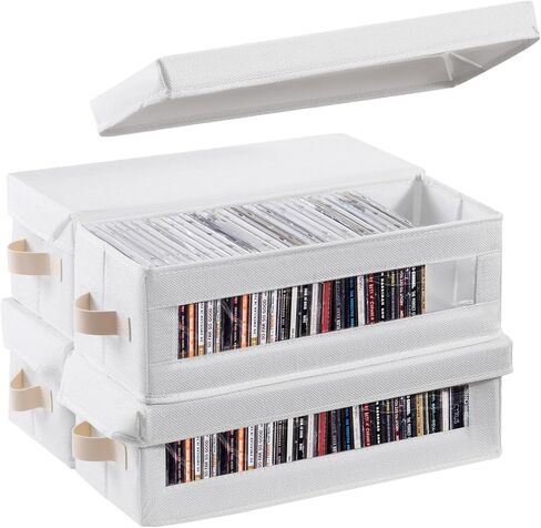 4 Packs CD Storage Box with Visible Window, Stackable CD Case Holder with Dustproof Lid and Handles, Holds Up to 148 CDs in Full Jewel Cases-15.75 x 6.10 x 5.31 Inches-Black in Saudi Arabia