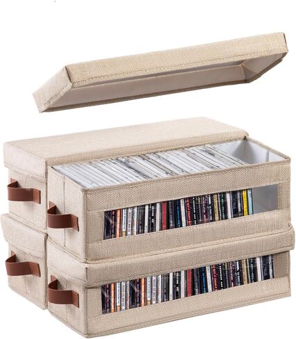 4 Packs CD Storage Box with Visible Window, Stackable CD Case Holder with Dustproof Lid and Handles, Holds Up to 148 CDs in Full Jewel Cases-15.75 x 6.10 x 5.31 Inches-Black in Saudi Arabia